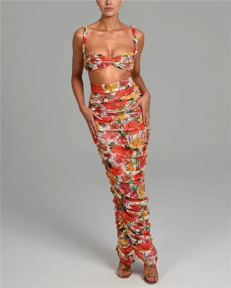 Alyssa Strapless Ruched Print Sexy Top And Skirt Set