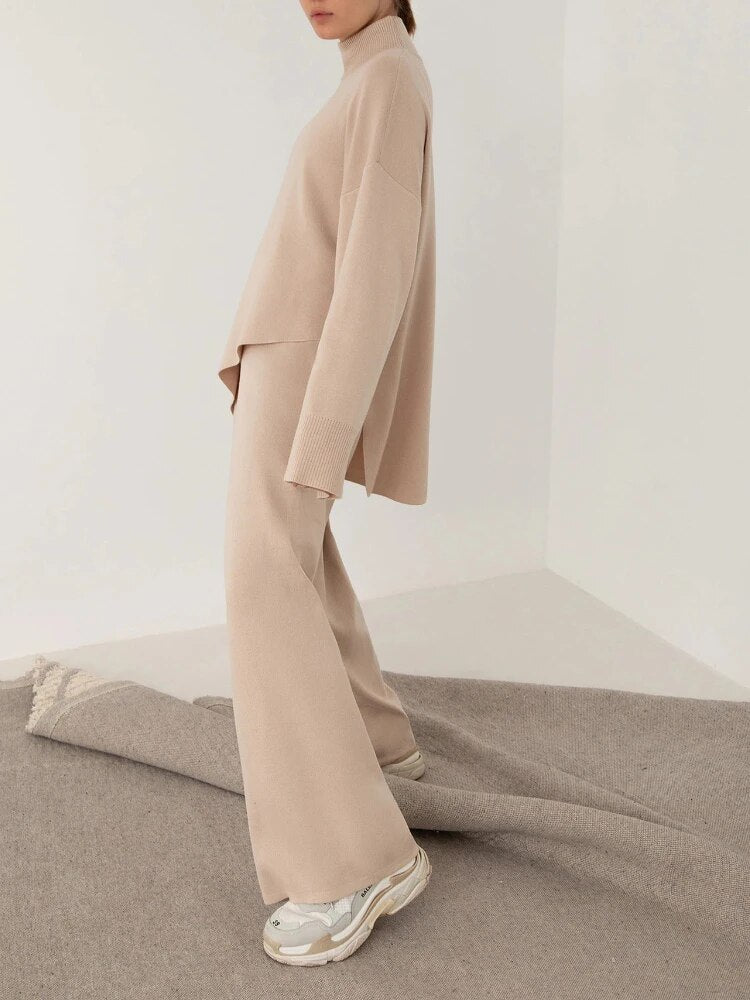 Miranda Women Irregular Turtleneck Sweater High Waist Leg Pant Suit