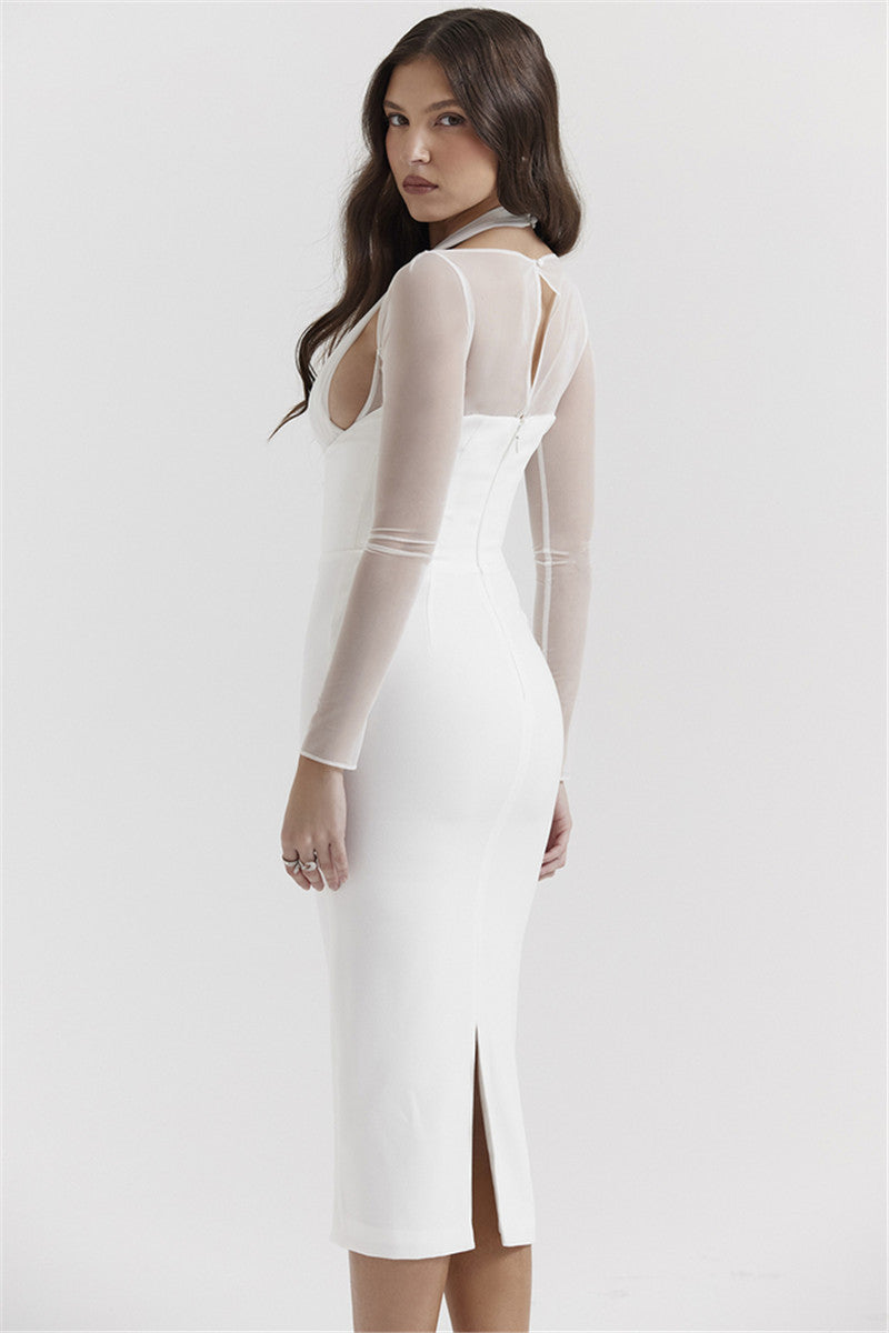 Teresa Halter Deep V Neck Sexy Midi Dress