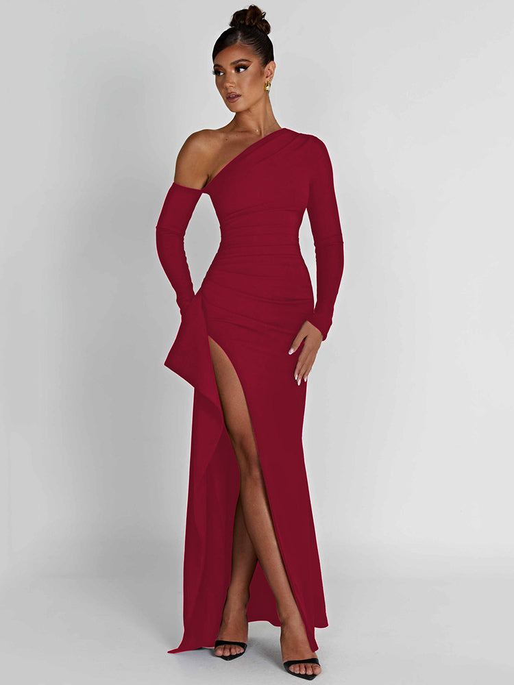 Natalie Oblique Shoulder Thigh High Split Maxi Dress