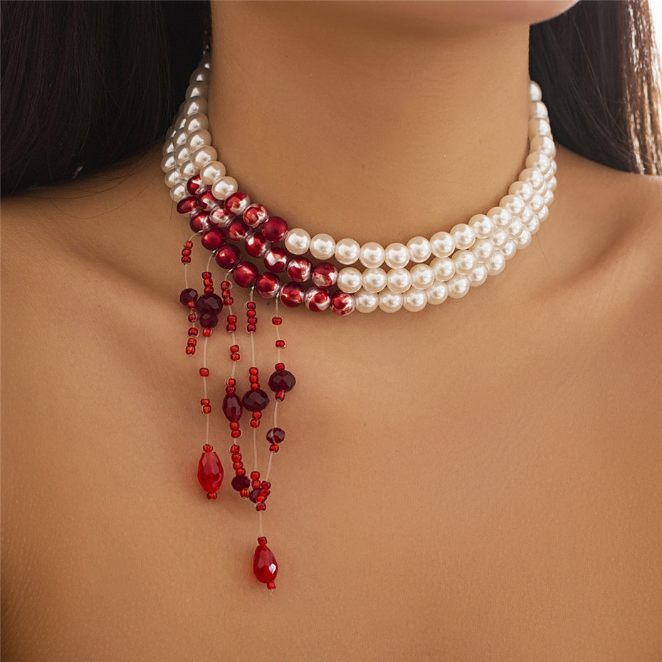 Dorothy Red Blood Pattern Pearl Tassel Pendant Necklace