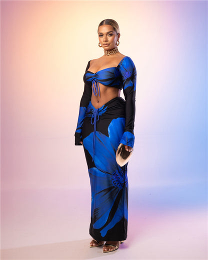 Alyssa Print Drawstring Backless Two Piece Skirt Sets