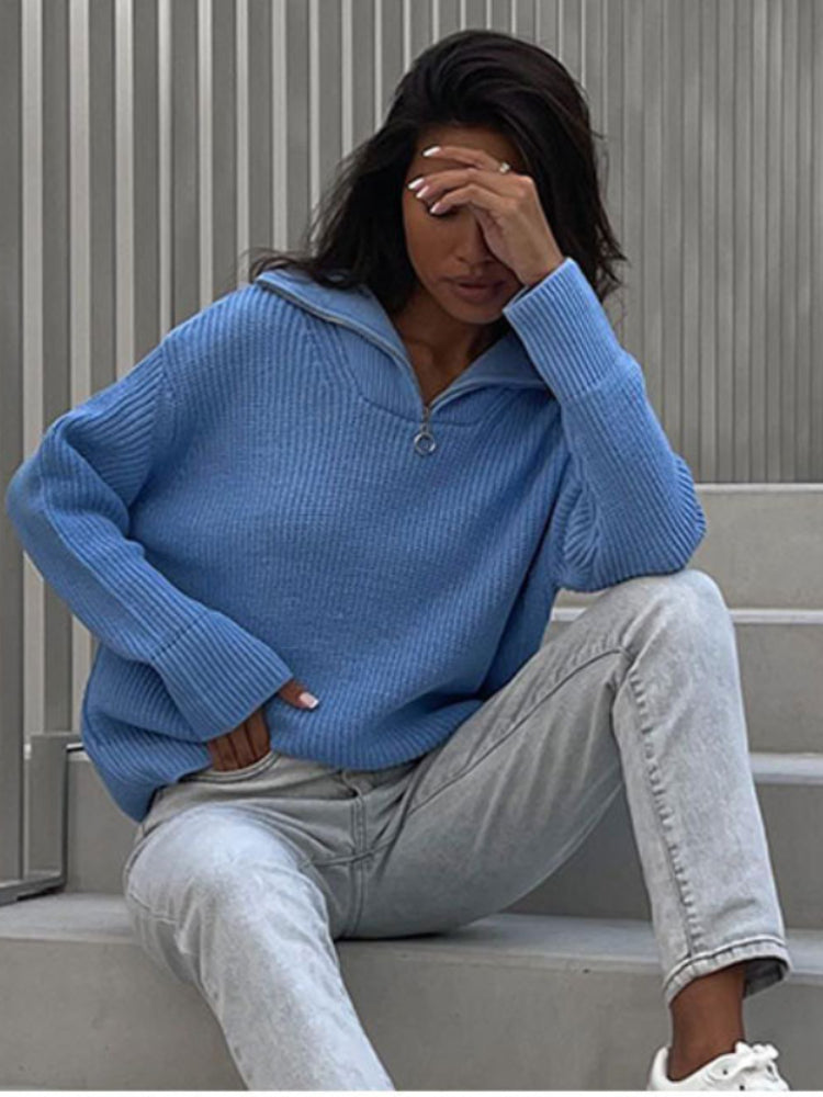 Erika Loose Zipper Lapel Women Pullover