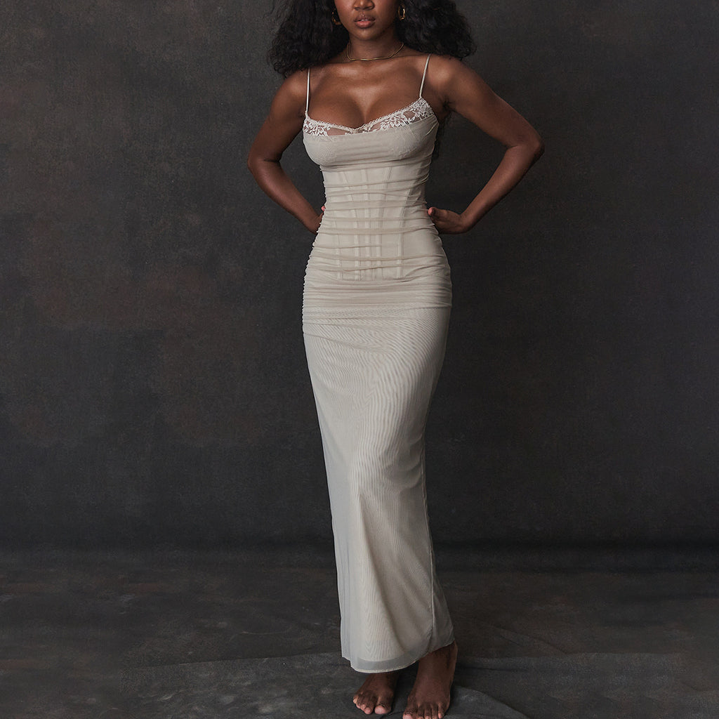 Erika Lace Mesh Sexy Spaghetti Strap Maxi Dress