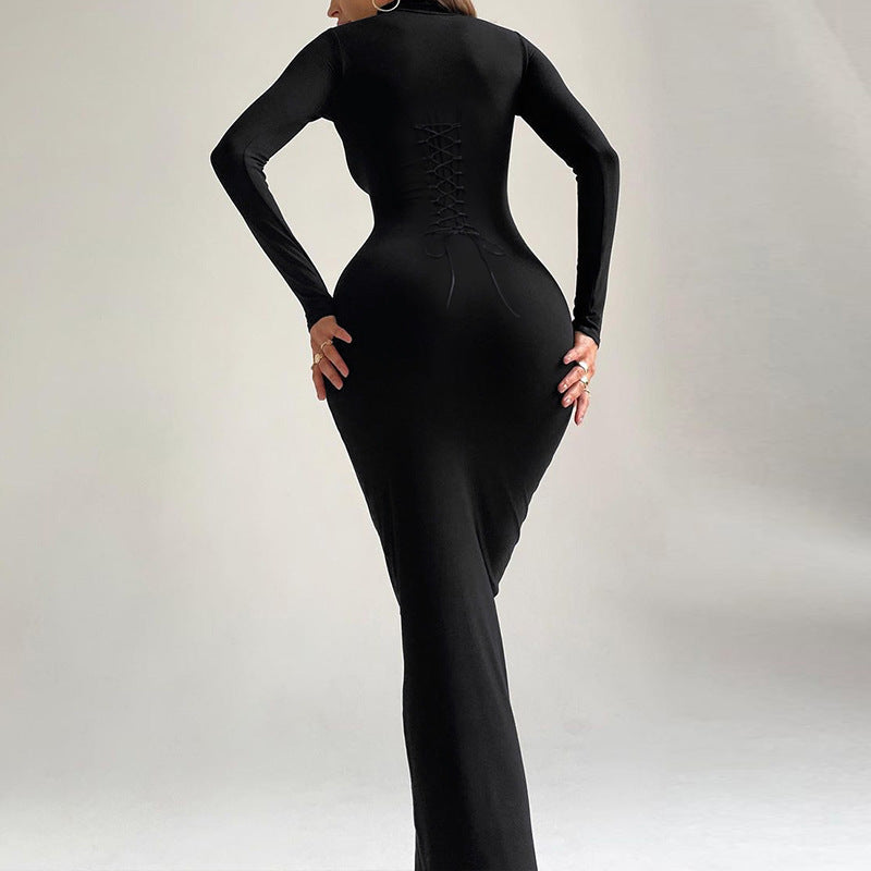 Gina Black Lace-up Long Sleeve Maxi Dress