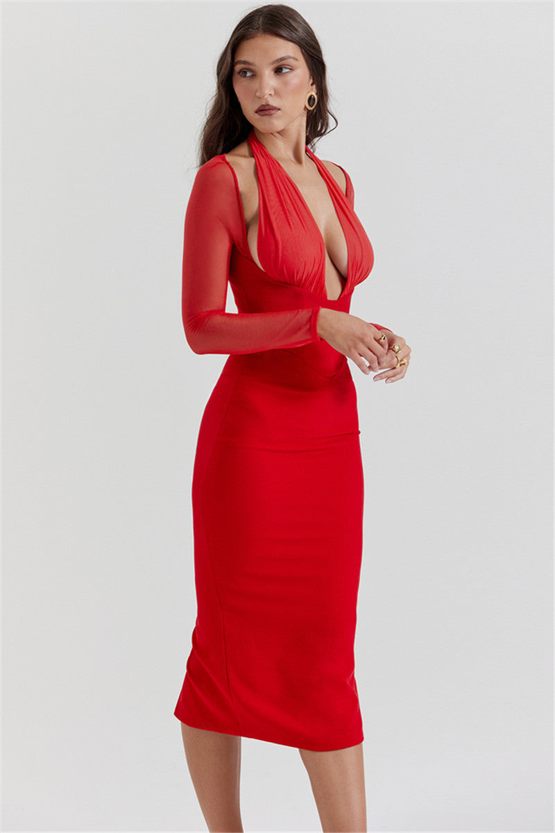 Teresa Halter Deep V Neck Sexy Midi Dress