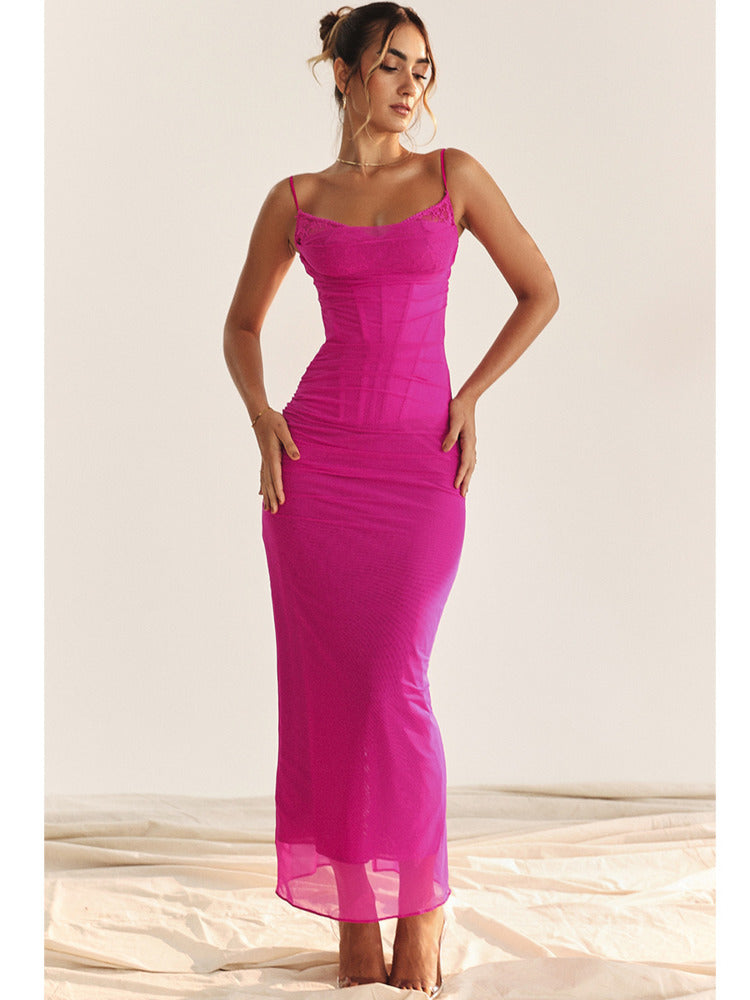 Erika Lace Mesh Sexy Spaghetti Strap Maxi Dress