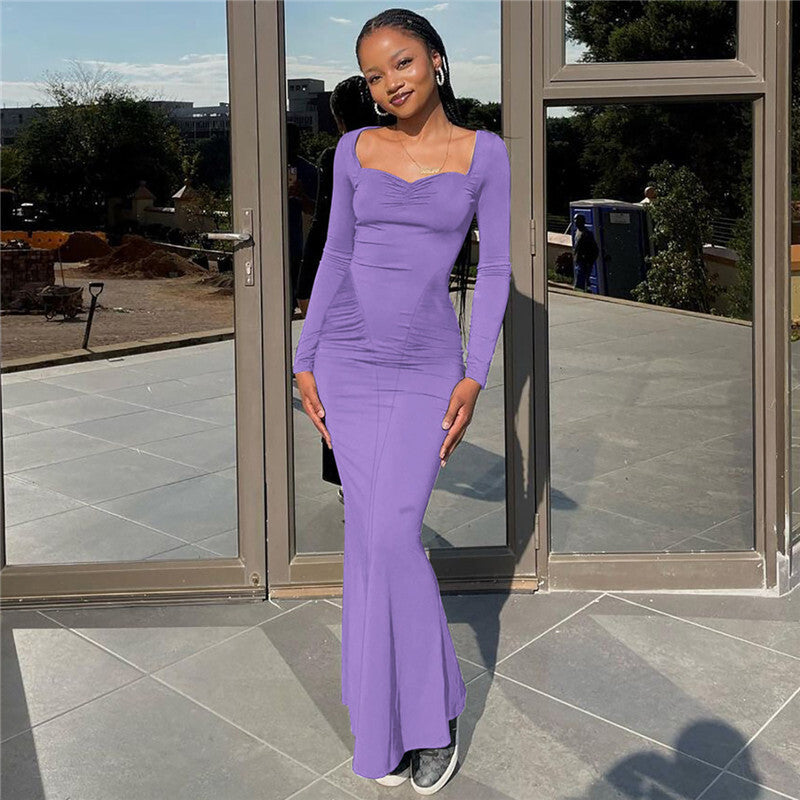 Pamela Square Collar Long Sleeve Sexy Long Dress