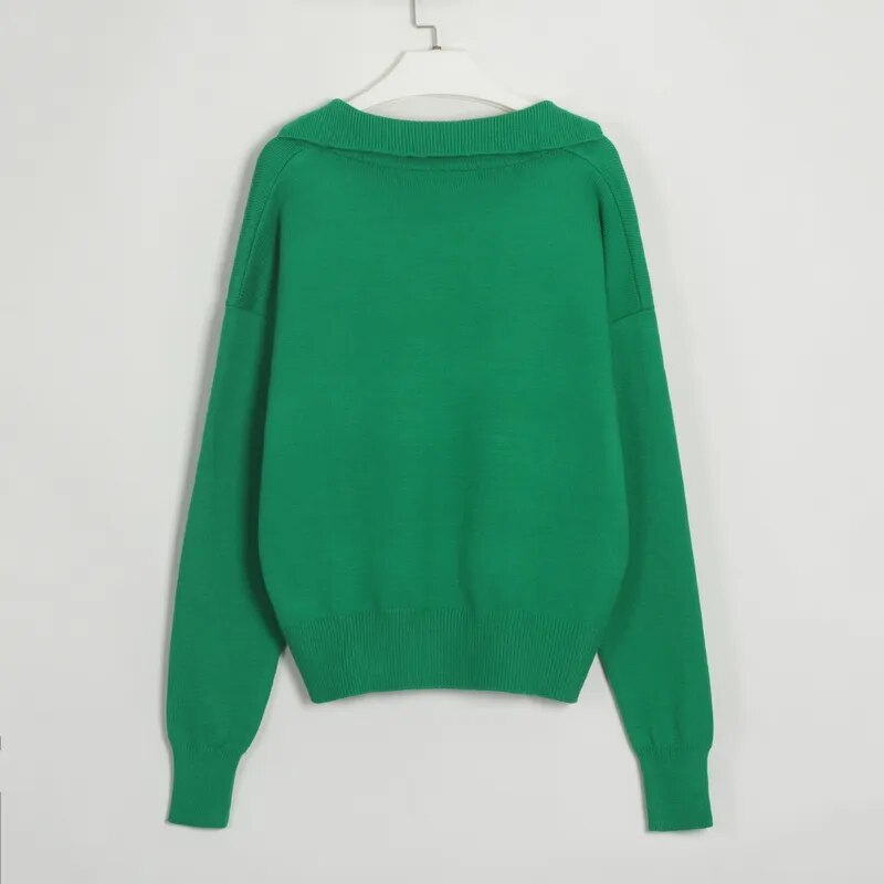 Whitney Solid V-Neck Turn-Down Collar Women Sweater