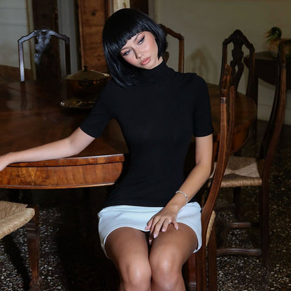 Judith Sexy Half High Collar Half Sleeve Patchwork Mini Dress