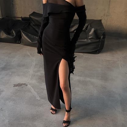 Rebecca Black Oblique Shoulder Split Maxi Dress