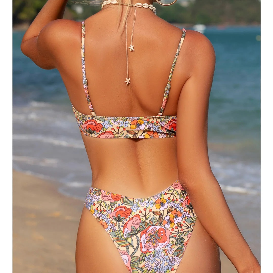 Cheryl Floral Printed Brazilian Mid Waist Bikini