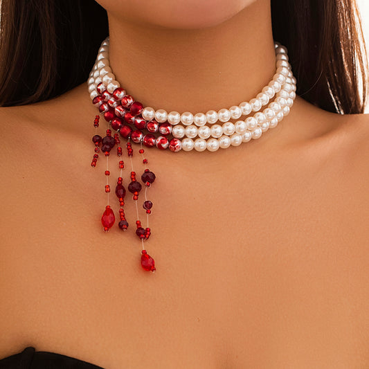 Dorothy Red Blood Pattern Pearl Tassel Pendant Necklace