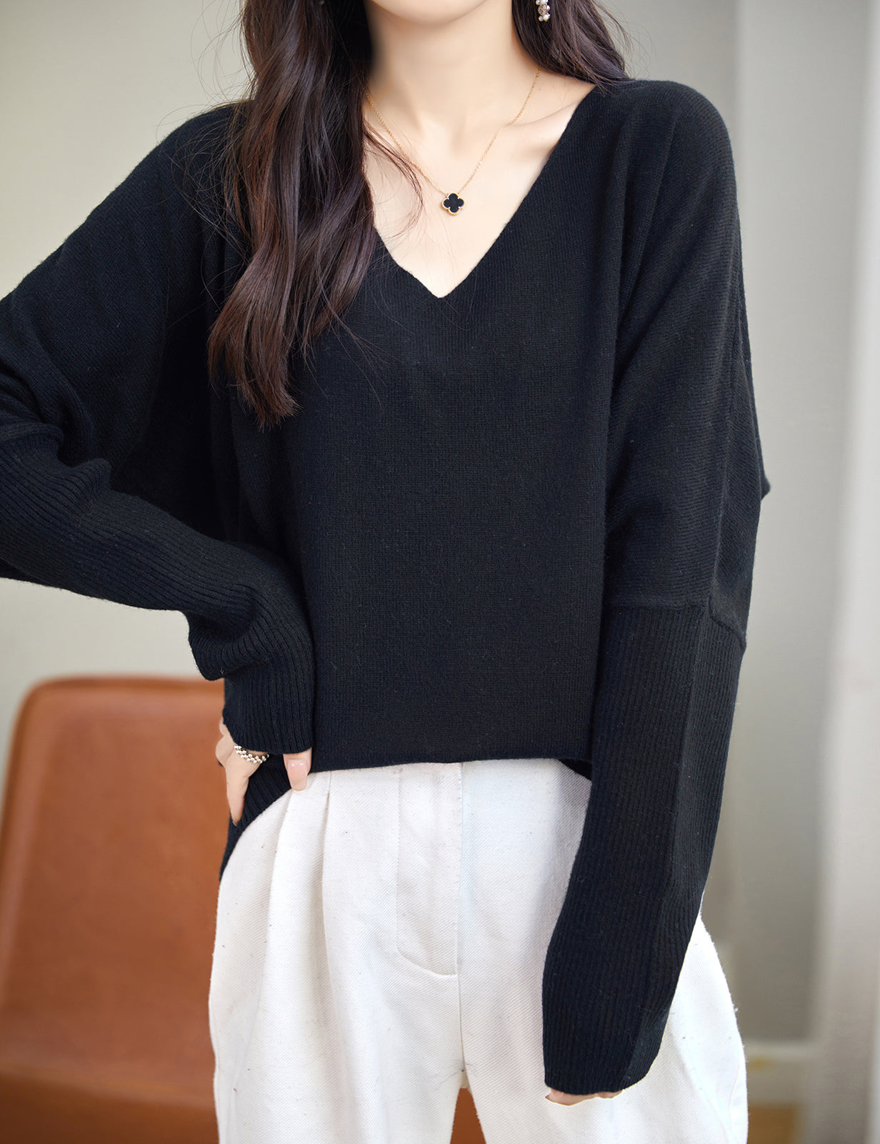 Jade Woman V Neck Long Sleeve Sweater