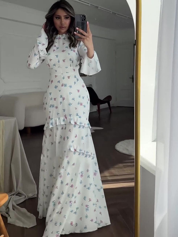 Molly Ruffle Printed Long Sleeve Long Dress