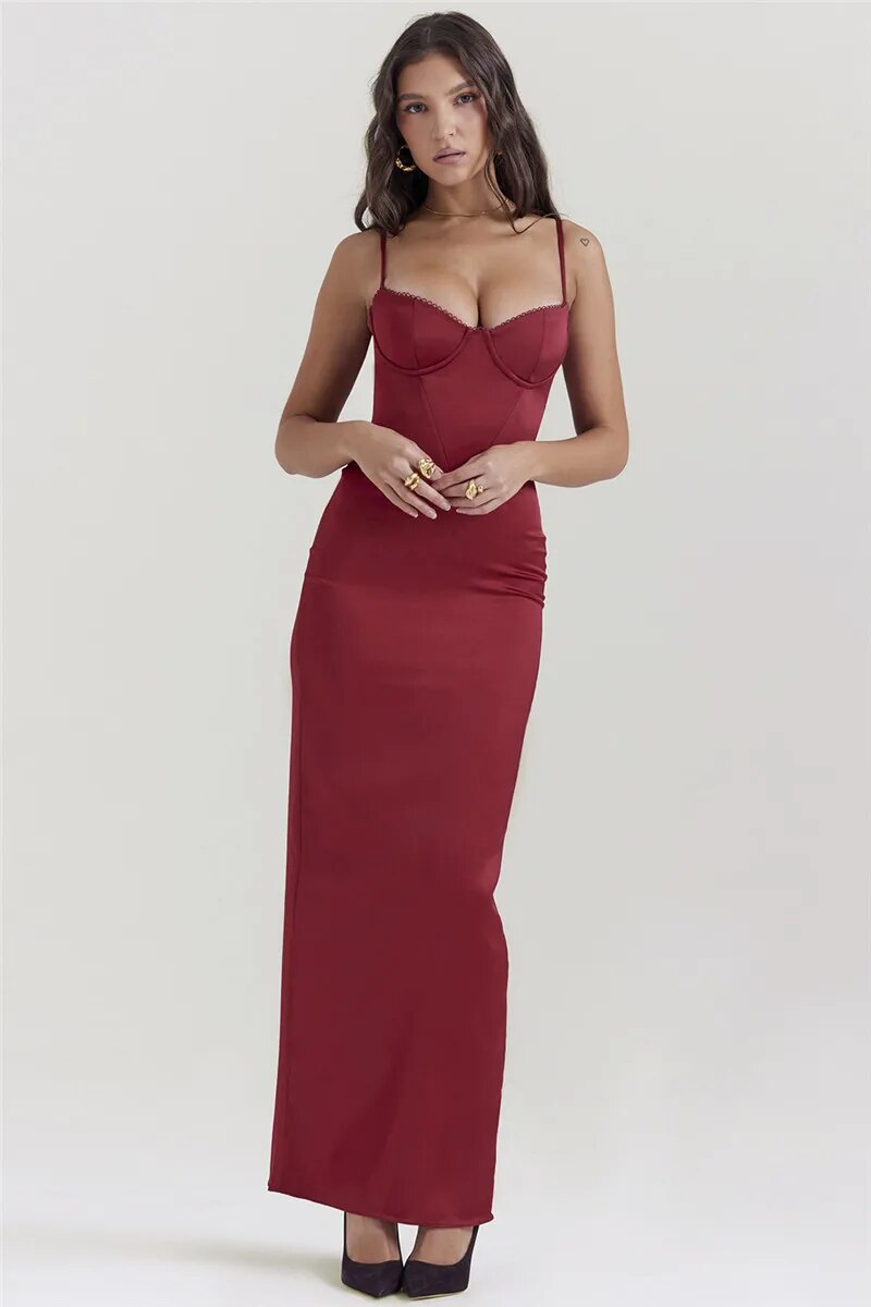 Joanna Satin Spaghetti Strap Backless Bodycon Maxi Dress