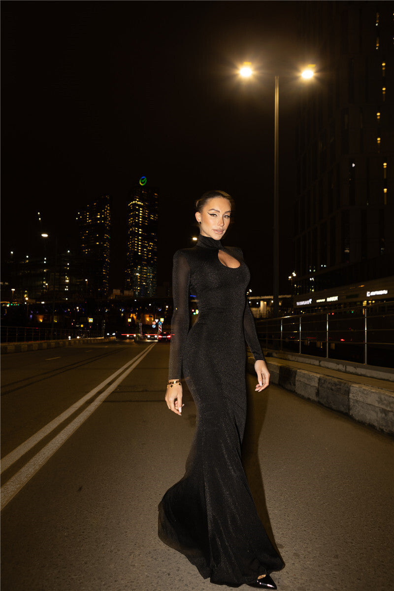 Marion Hollow Out Turtleneck Long Sleeve Sexy Maxi Dress