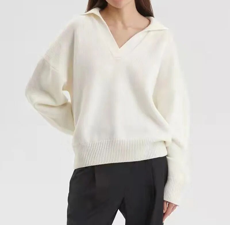 Whitney Solid V-Neck Turn-Down Collar Women Sweater