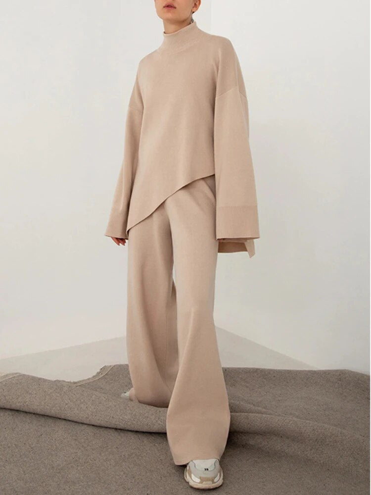 Miranda Women Irregular Turtleneck Sweater High Waist Leg Pant Suit
