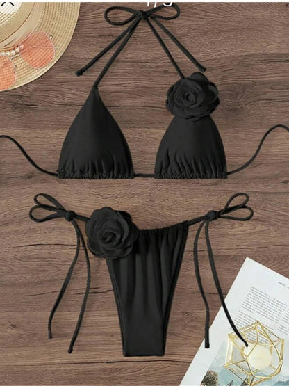 Janet Sexy 3D Flowers Halter Strappy Bikini