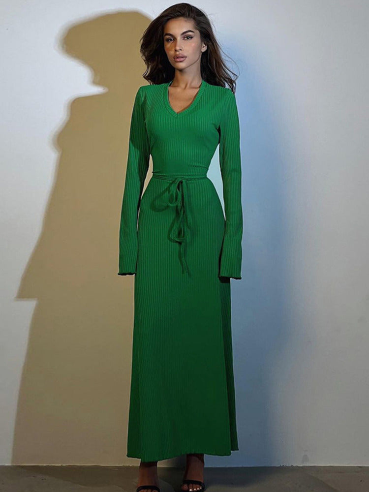 Shirley V Neck Lace-up Long Sleeve Maxi Dress