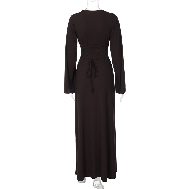 Nikki Ribbed Lace-up Long Sleeve Maxi Dress