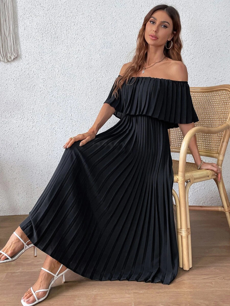 Adriana Pleated Backless Off Shoulder Long Dress