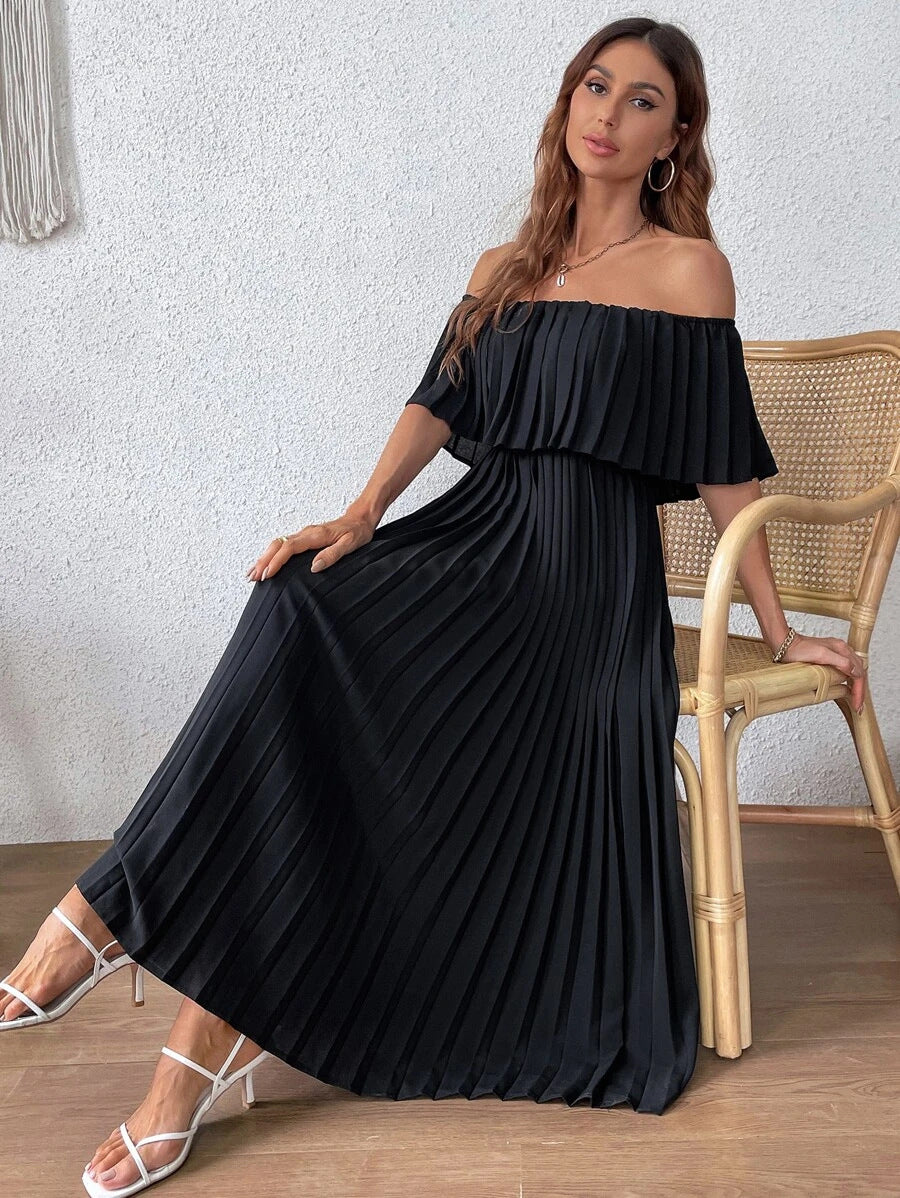 Pleated Backless Off Shoulder Long Dress