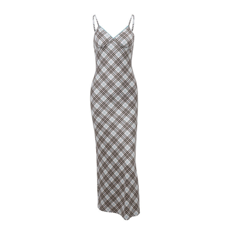 Patsy Spaghetti Strap Grid Long Dress