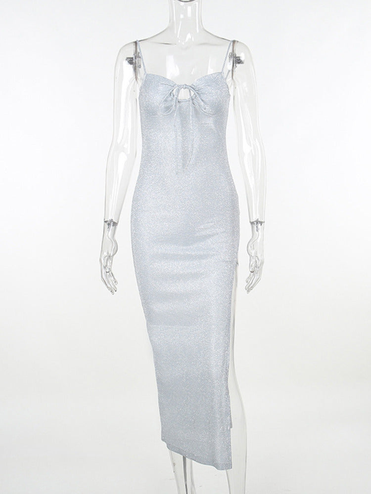 Judith Spaghetti Strap Sparkle Thigh High Split Maxi Dress