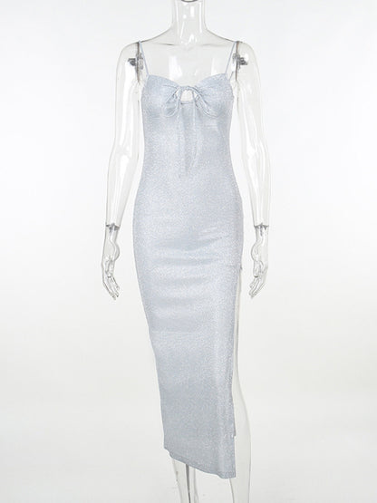 Judith Spaghetti Strap Sparkle Thigh High Split Maxi Dress