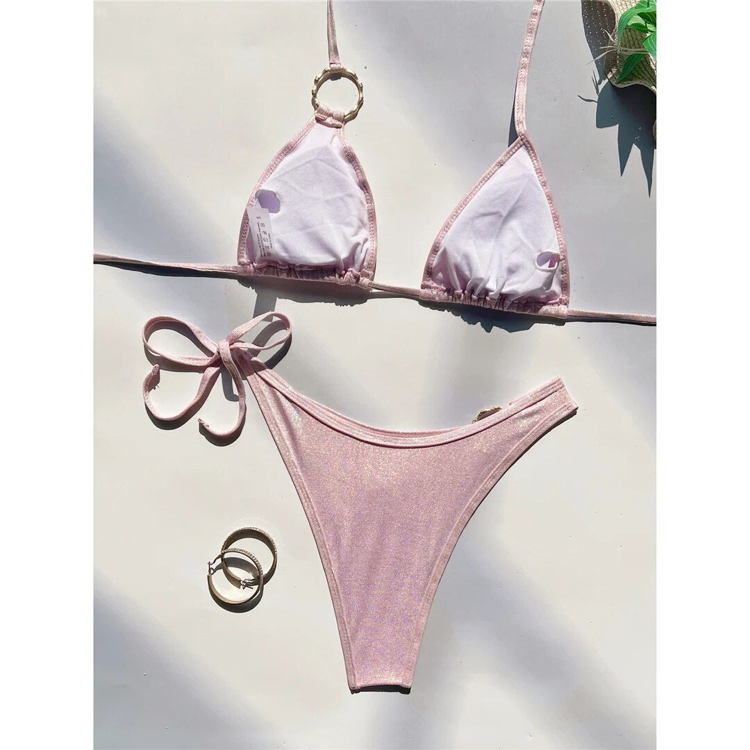 Rose Sparkling Halter Metal Rings Bikini