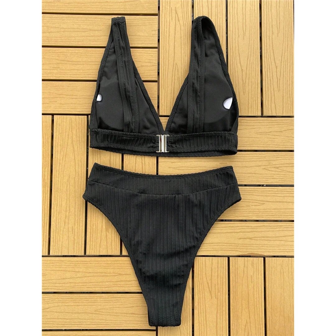 Holly Ribbed V Neck Padded High Waist Bikini