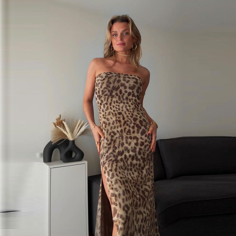 Ruby Vintage Leopard Print Sexy Straps Long Dress