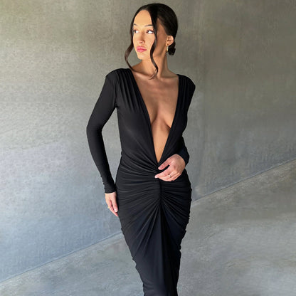 Ruby Deep V Neck Ruched Maxi Dress