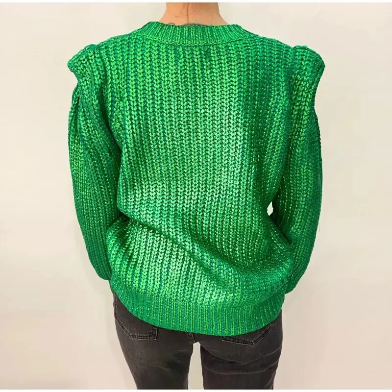 Janet O Neck Shiny Metallic Color Knit Women Sweater