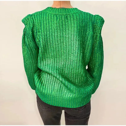 Janet O Neck Shiny Metallic Color Knit Women Sweater