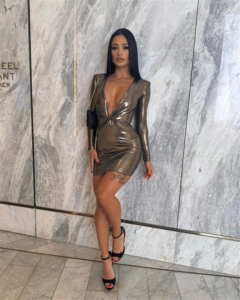 Ruby Shiny Deep V Neck Sexy Mini Dress