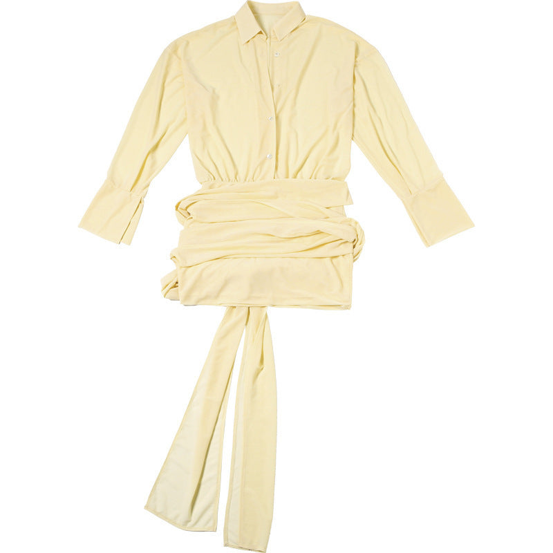 Ruby Sexy Long Sleeve Turn-down Collar Bag Hip Strap Shirt Dress