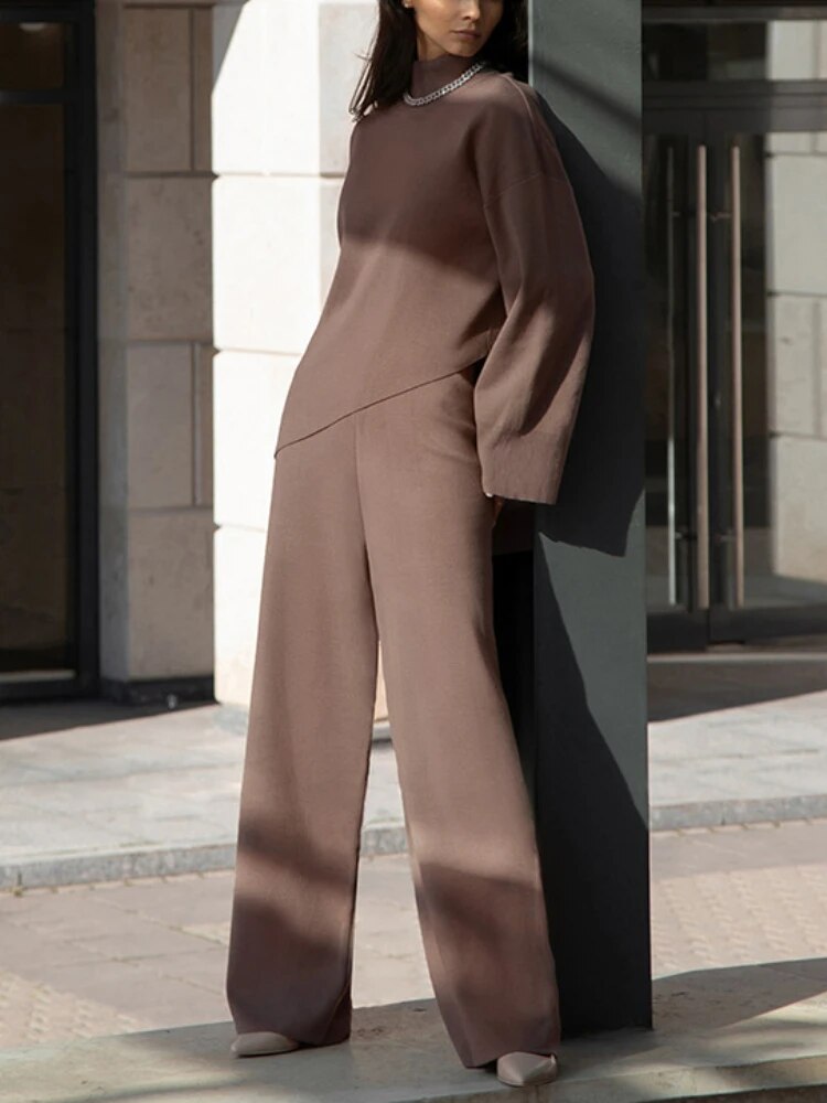 Miranda Women Irregular Turtleneck Sweater High Waist Leg Pant Suit