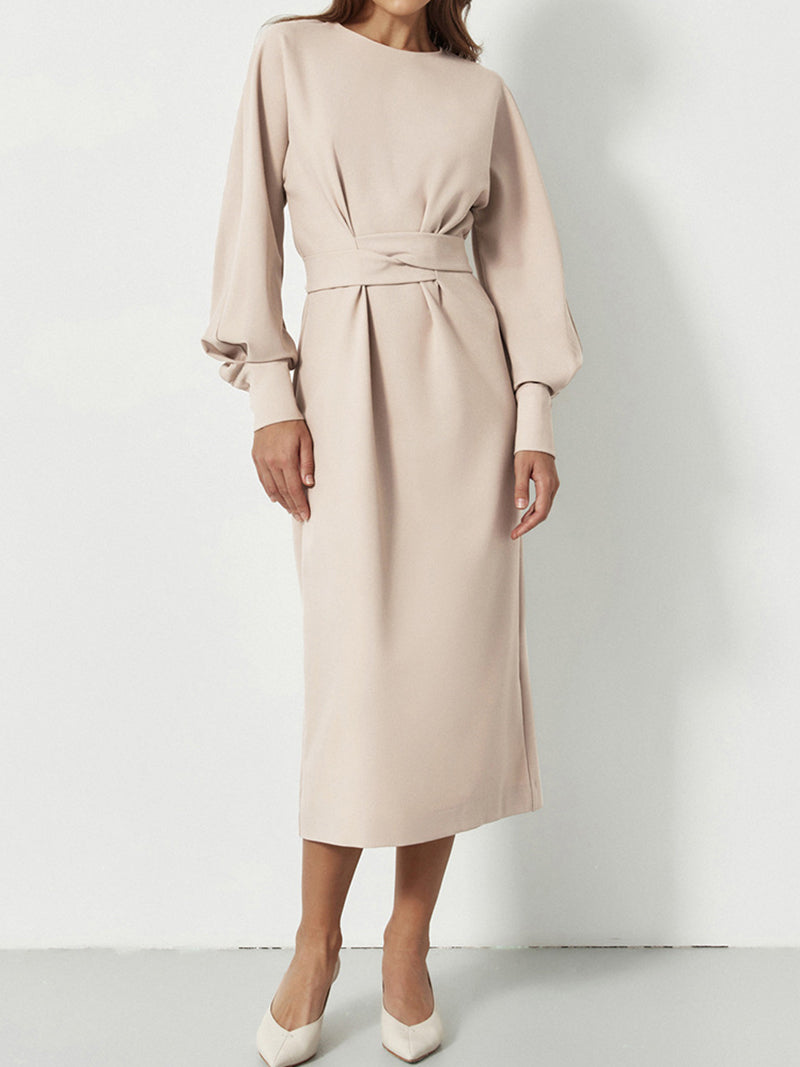 Sandy  O-Neck Long Lantern Sleeve Midi Dress