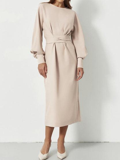 Sandy  O-Neck Long Lantern Sleeve Midi Dress