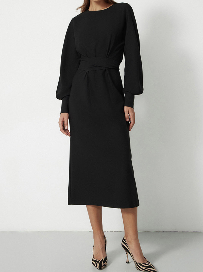 Sandy  O-Neck Long Lantern Sleeve Midi Dress