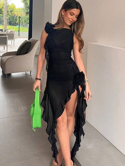 Vicki Sexy Ruffles Mesh See Through Mini Bodycon Dress