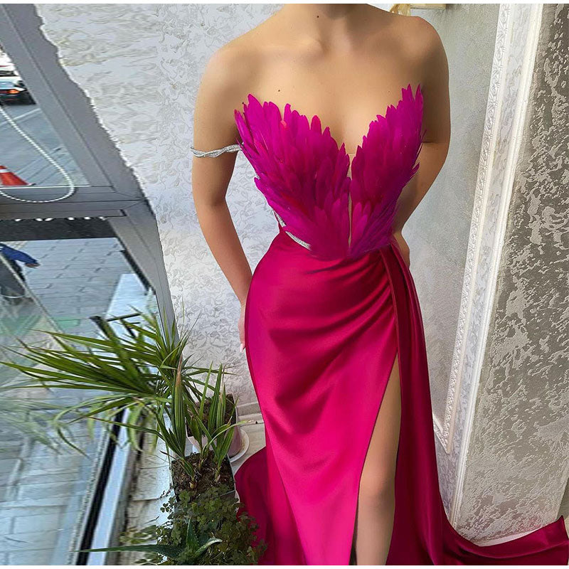 Teresa Off Shoulder Feather Large Hem Slit Maxi Dress