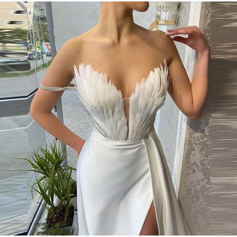 Teresa Off Shoulder Feather Large Hem Slit Maxi Dress