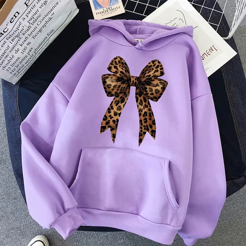 Casual Pullover Hoodie with Funny Bow & Heart Pattern on Leopard Print
