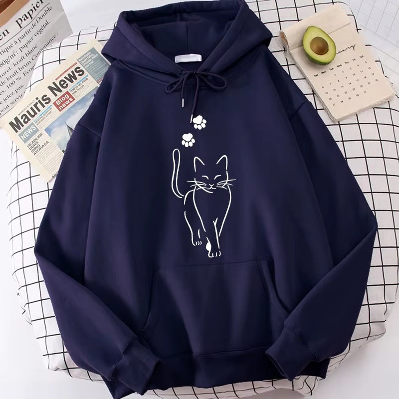 Whimsical Cat Print Women's Hoodie with Kangaroo Pocket