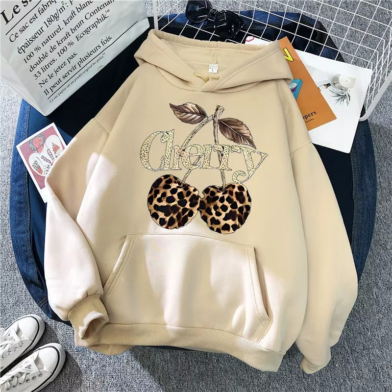 Playful Leopard & Cherry Print Women's Hoodie