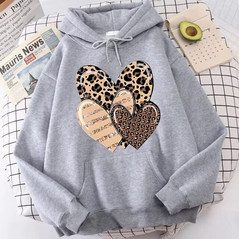 Women's Leopard and Glitter Heart Graphic Print Hoodie